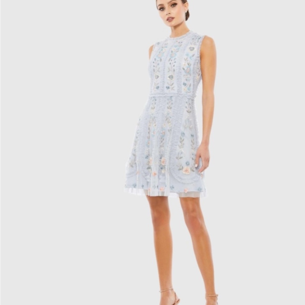 Mac Duggal Light Blue Embroidered Mini Dress